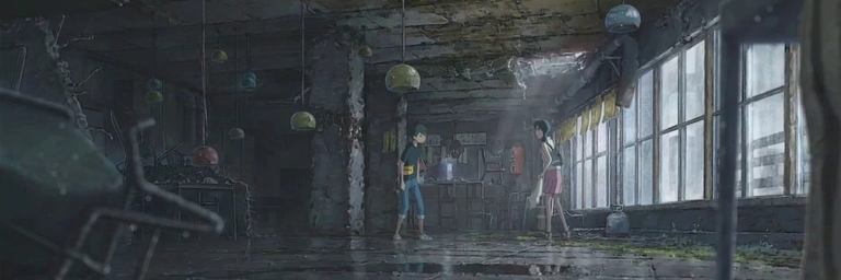Hodaka and Hina in derelict room