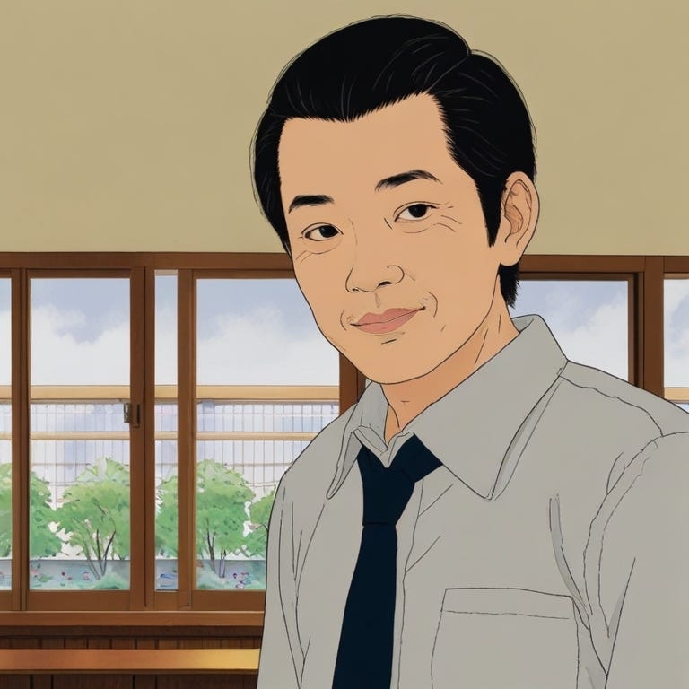 Uramichi Omota smiling faintly with classroom windows behind him
