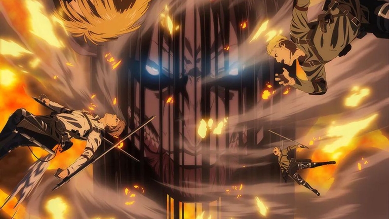 Eren Yeager in his colossal Founding Titan form surrounded by fire and smoke as members of the Survey Corps, including Armin and others, battle him during the Attack on Titan Final Season.