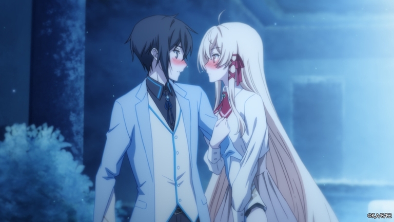 Iska and Alice from Our Last Crusade or the Rise of a New World blushing while staring at each other in a moonlit scene