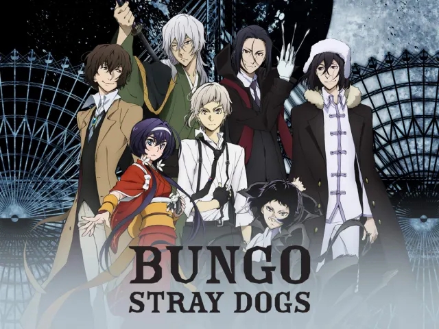 The main cast of Bungou Stray Dogs including Osamu Dazai and Atsushi Nakajima standing together with the series logo