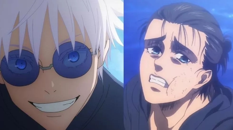Split image comparing Gojo Satoru smiling and Eren Yeager looking distressed