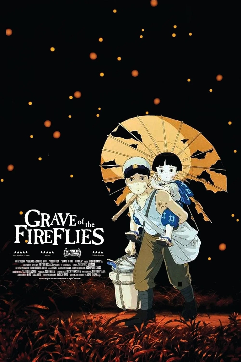 Seita carries his sister Setsuko under a parasol at night in the anime movie Grave of the Fireflies, with fireflies illuminating the background.