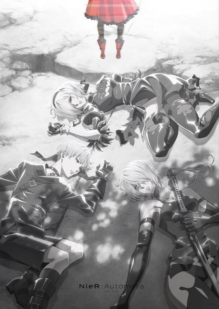 Promotional art showing 2B, 9S, and A2 with Lily standing above them