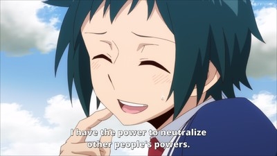 A smiling student with dark teal hair reveals his power to neutralize other abilities in Talentless Nana.