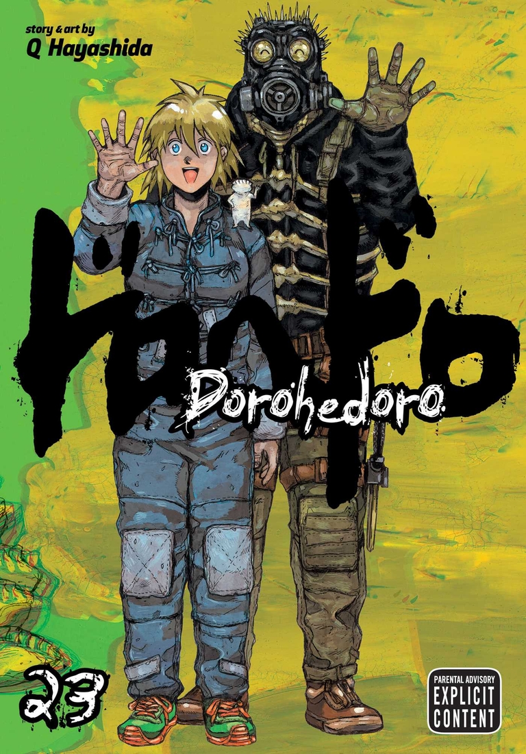 Nikaido and Caiman, the main protagonists of Dorohedoro, pose on the cover of Volume 23, with explicit content advisory.