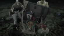 Jotaro Kujo, Joseph Joestar, Polnareff, and Kakyoin gather around a defeated enemy in JoJo's Bizarre Adventure: Stardust Crusaders