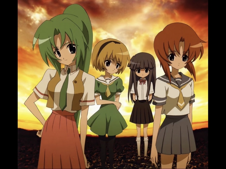 Main characters Shion Sonozaki, Rena Ryuguu, Hanyuu, and Rika Furude from Higurashi: When They Cry posing against an orange sunset background.