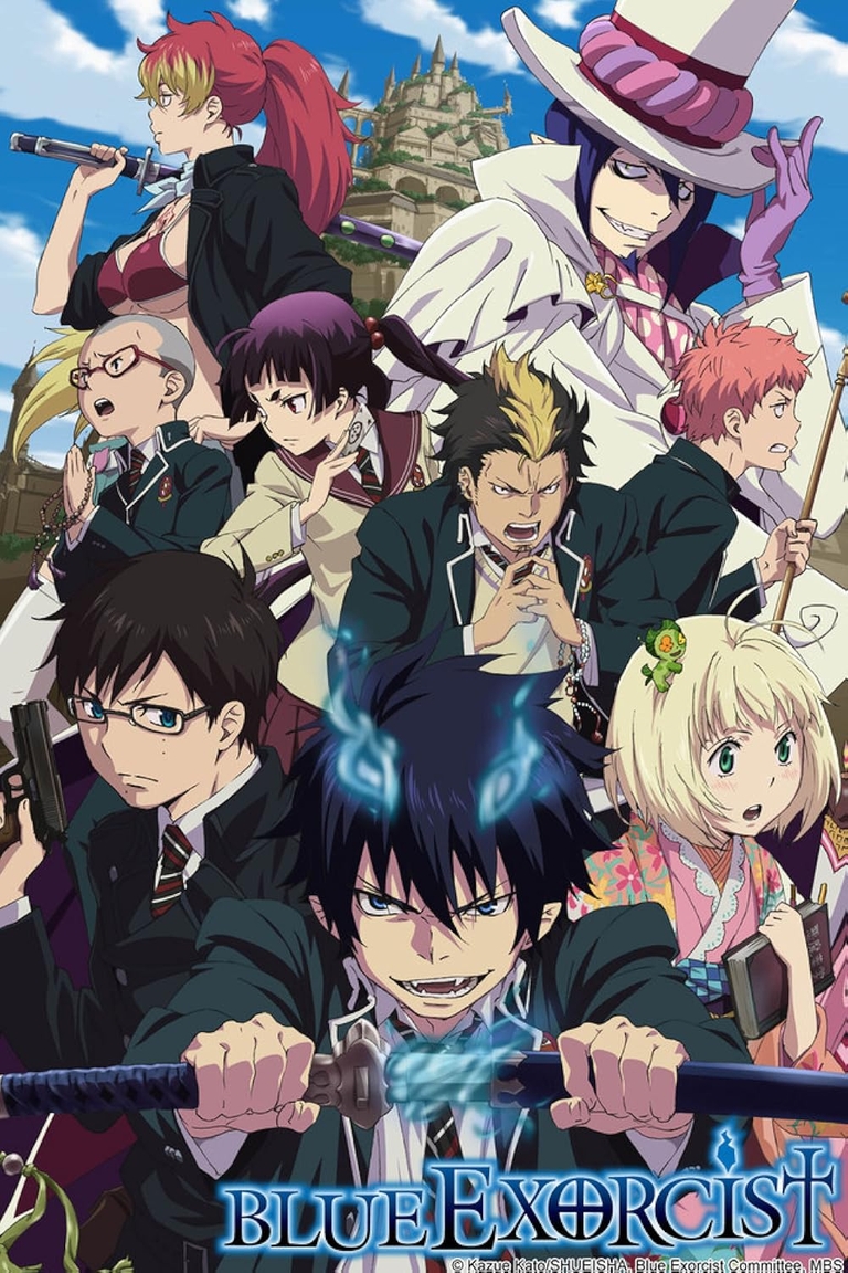 Main cast of Blue Exorcist featuring Rin and Mephisto