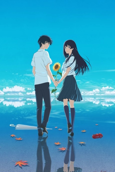 Kaoru Touno and Anzu Hanashiro hold hands in front of a sunflower