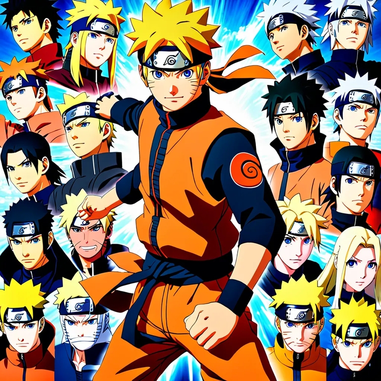 Naruto Uzumaki in his orange and black Shippuden attire, surrounded by a collage of supporting characters and antagonists from the Naruto Shippuden anime series.