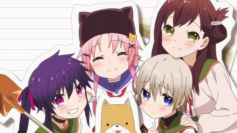 The main characters of the School-Live! anime, including Yuki Takeya, Kurumi Ebisuzawa, Miki Naoki, and Taroumaru the dog, pose together.