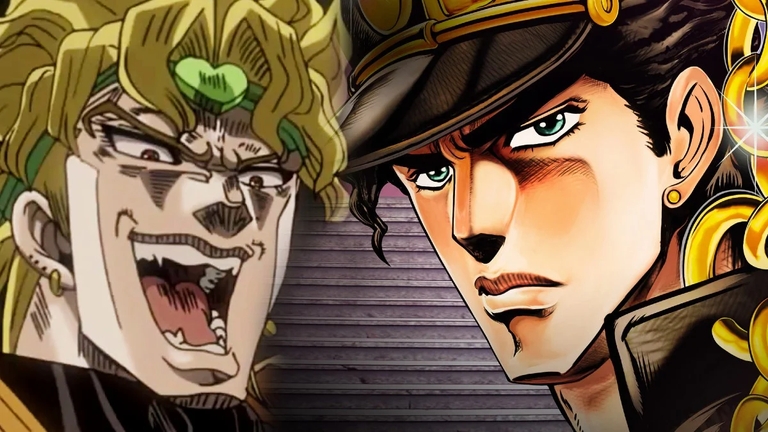 Dio Brando and Jotaro Kujo face off in this promotional image for JoJo's Bizarre Adventure