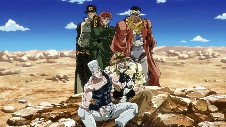 The main cast of Stardust Crusaders posing in a desert landscape
