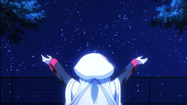 Character in white hooded cloak looking at starry sky