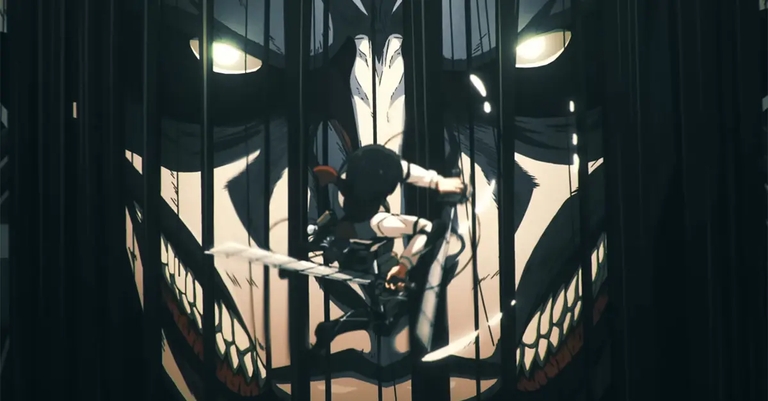 Mikasa Ackerman, equipped with her ODM gear and blades, confronts the monstrous, skeletal Founding Titan during the climactic final battle in Attack on Titan.