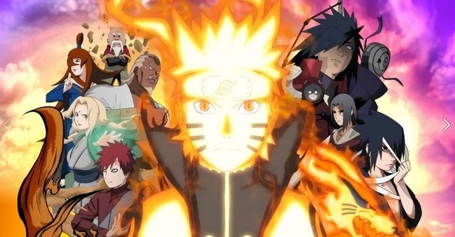 Naruto Uzumaki in his Kurama Chakra Mode surrounded by key allies and antagonists like Sasuke Uchiha and the Five Kage during the Fourth Shinobi World War in Naruto Shippuden.