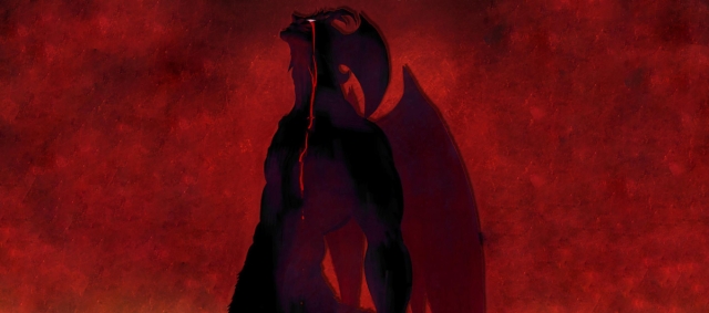 A silhouette of Akira Fudo in his Devilman form crying against a saturated red backdrop in Devilman Crybaby.