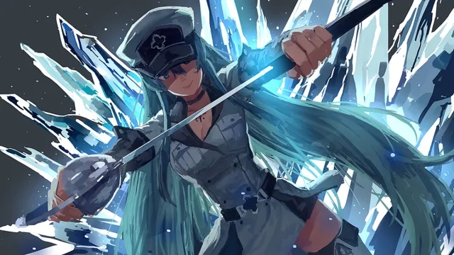 Esdeath stands in her military uniform wielding a sword with ice manifesting around her