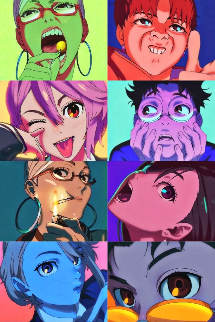 A vibrant grid of expressive anime character faces from the Dandadan series, showcasing its distinctive art style and the varied emotions of characters like Momo Ayase and Ken Takakura (Okarun).