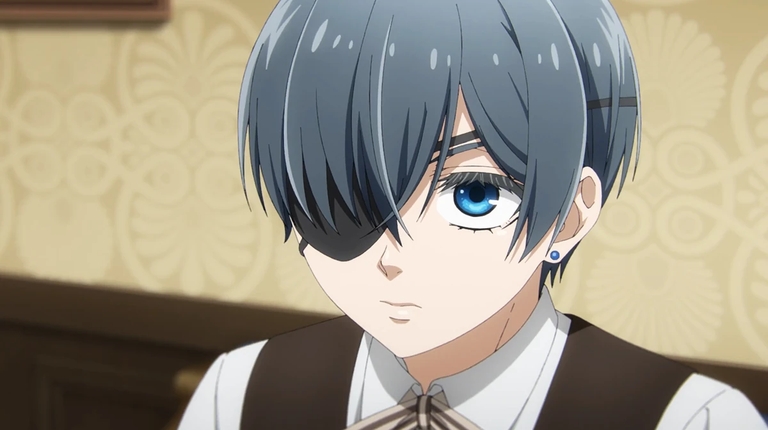 A close-up of Ciel Phantomhive from Black Butler, showing his distinctive blue eye and eye patch.