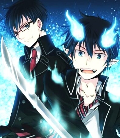 Rin with blue flames and Yukio holding a sword