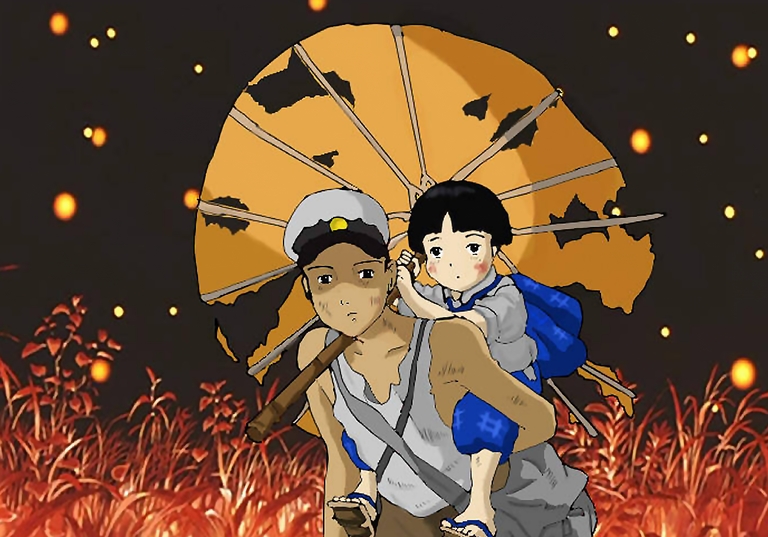 Seita carries his younger sister Setsuko on his back as they walk through a field of fireflies in the animated film Grave of the Fireflies.