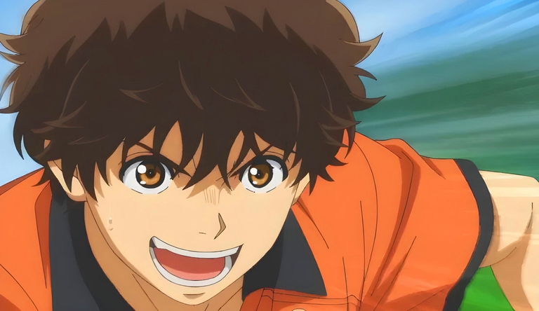 Ashito Aoi, the protagonist of the anime Ao Ashi, shows an excited expression on the soccer field.