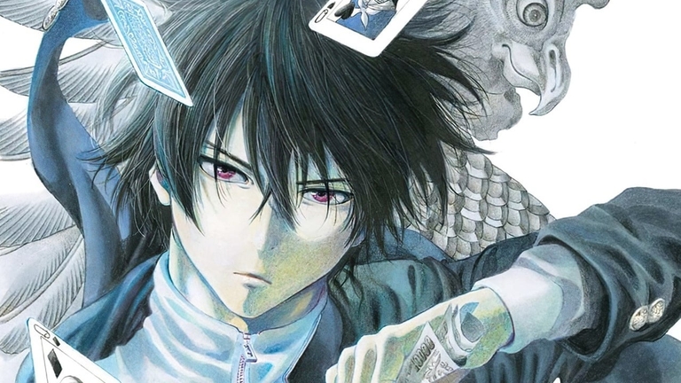 Yuuichi Katagiri surrounded by cards showing the psychological thriller elements